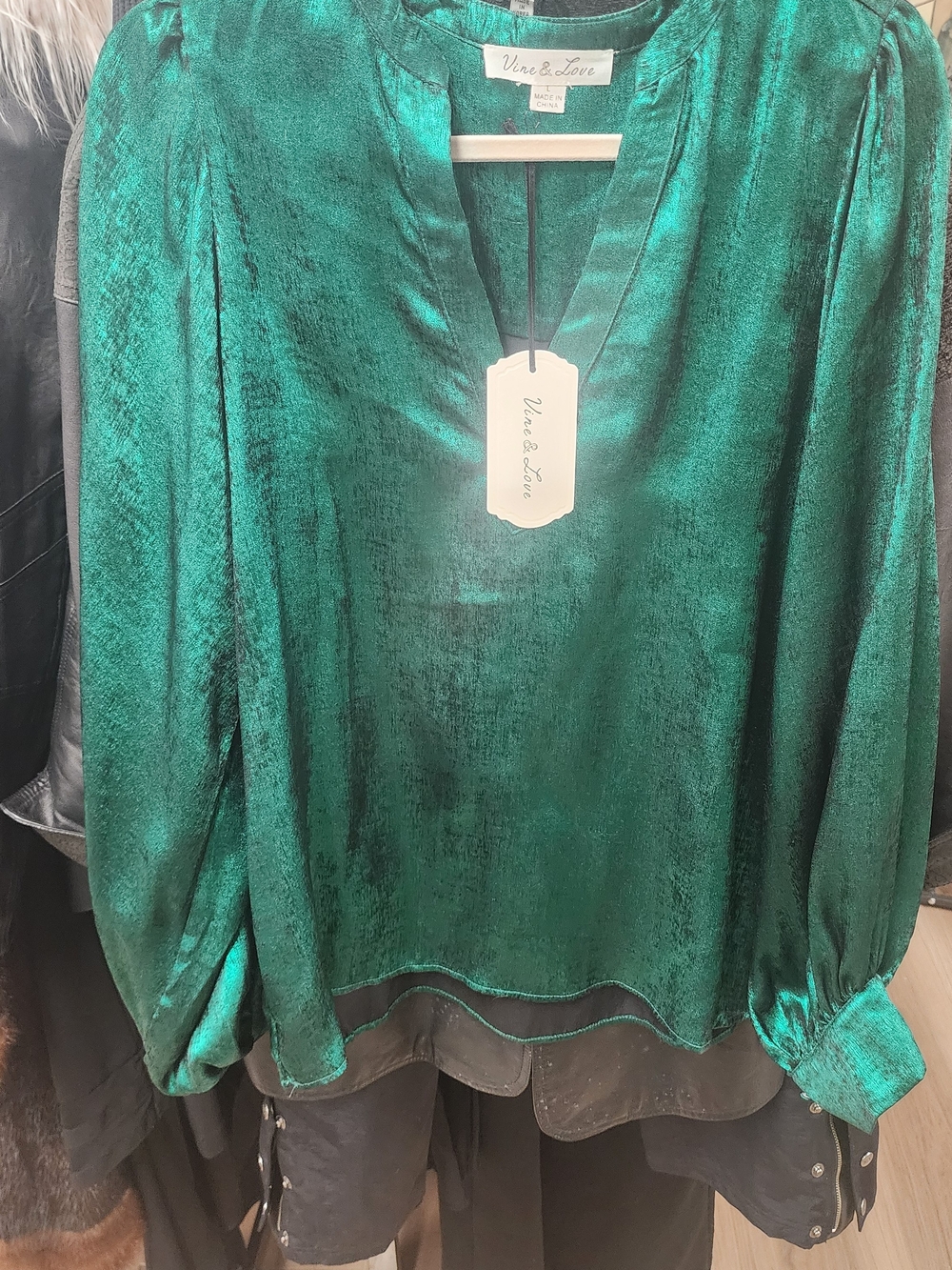 Vine & Love Shimmery Teal Green V-Neck Satin Blouse